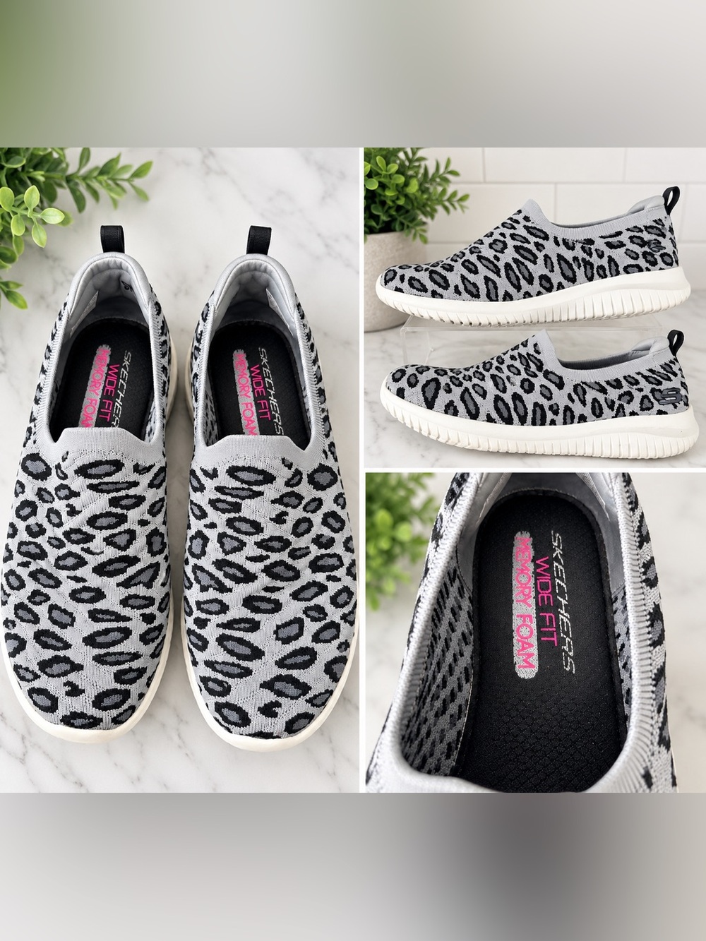 Skechers Women's Grey and Black Leopard Slip-On Sneakers 9.5